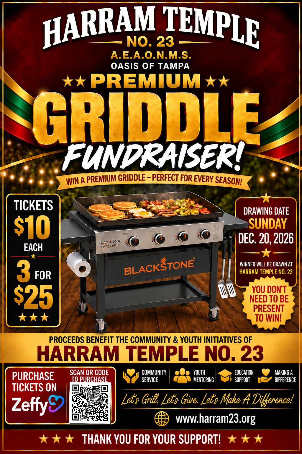 Harram Temple No. 23 Premium Griddle Fundraiser flyer. Tickets are $10 each or 3 for $25. Drawing Sunday, December 20, 2026. You do not need to be present to win.